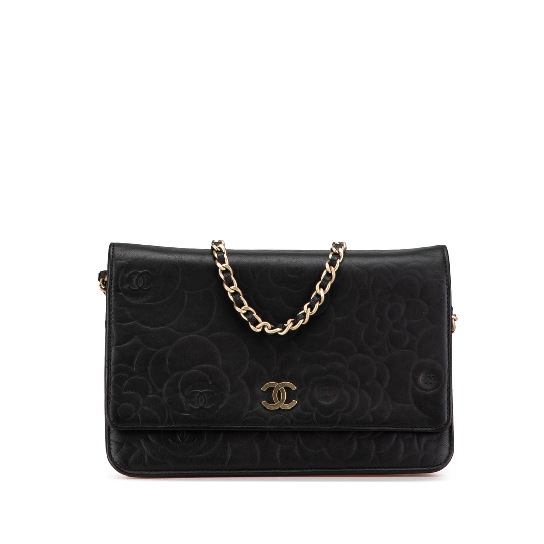 Lambskin Camellia Embossed Wallet On Chain Black - Gaby Paris