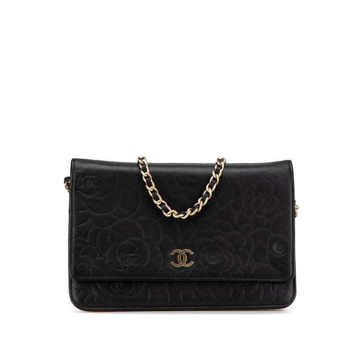 Lambskin Camellia Embossed Wallet On Chain Black - Gaby Paris