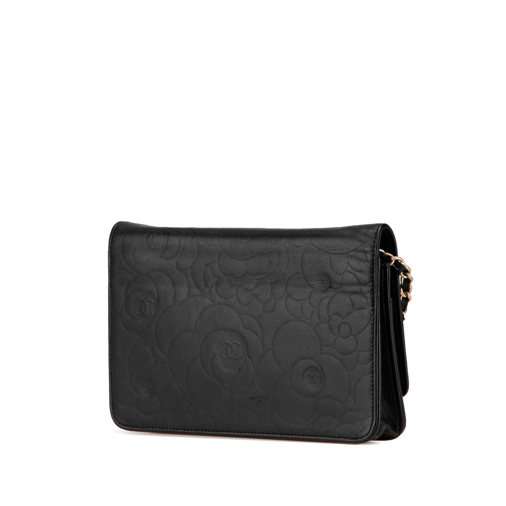 Lambskin Camellia Embossed Wallet On Chain Black - Gaby Paris