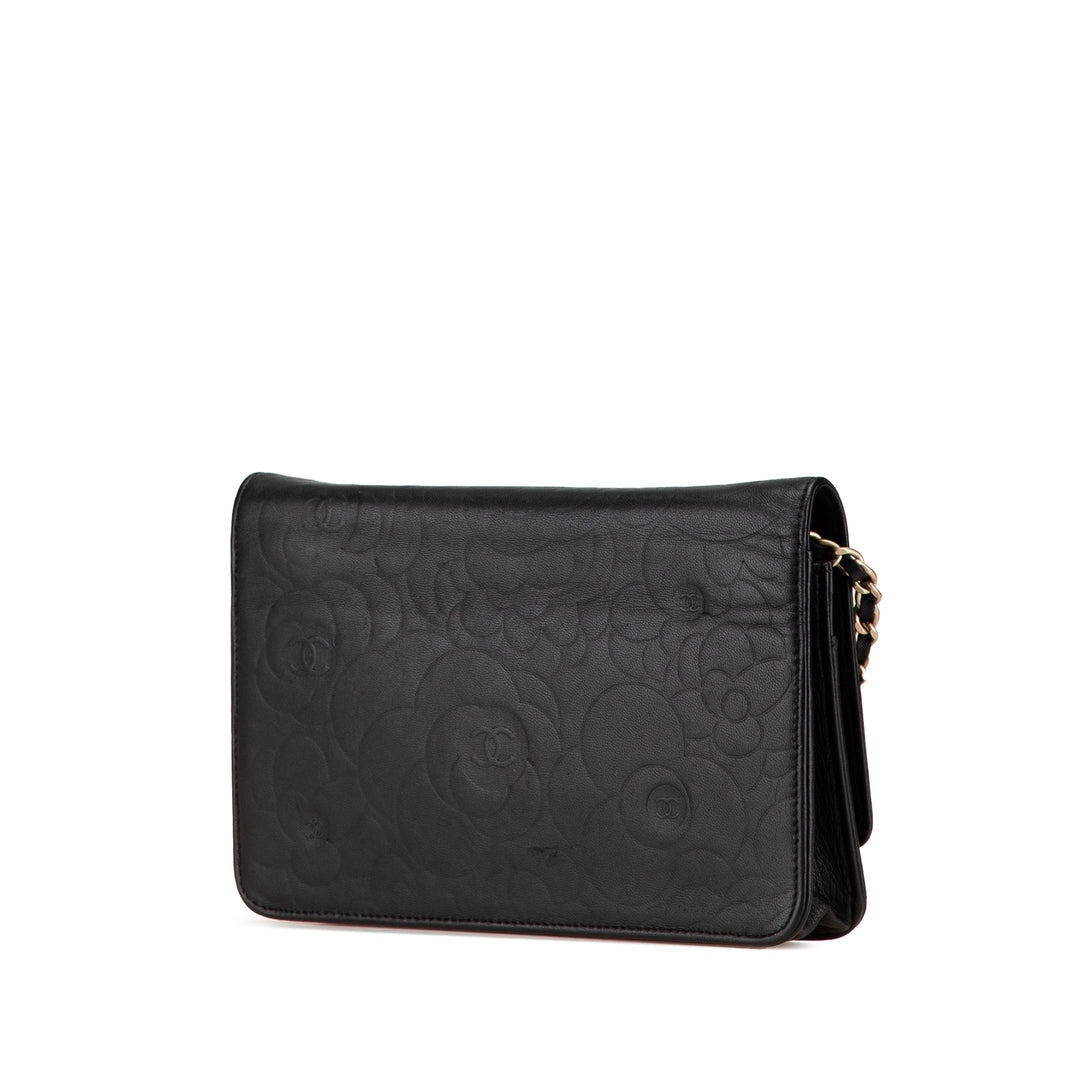 Lambskin Camellia Embossed Wallet On Chain Black - Gaby Paris