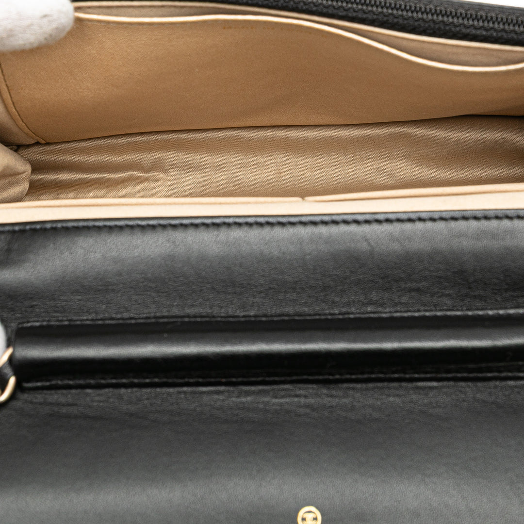 Lambskin Camellia Embossed Wallet On Chain Black - Gaby Paris