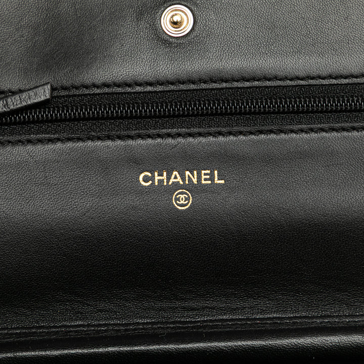 Lambskin Camellia Embossed Wallet On Chain Black - Gaby Paris