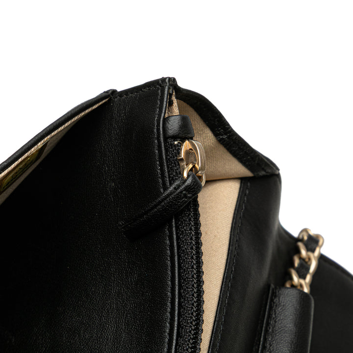 Lambskin Camellia Embossed Wallet On Chain Black - Gaby Paris