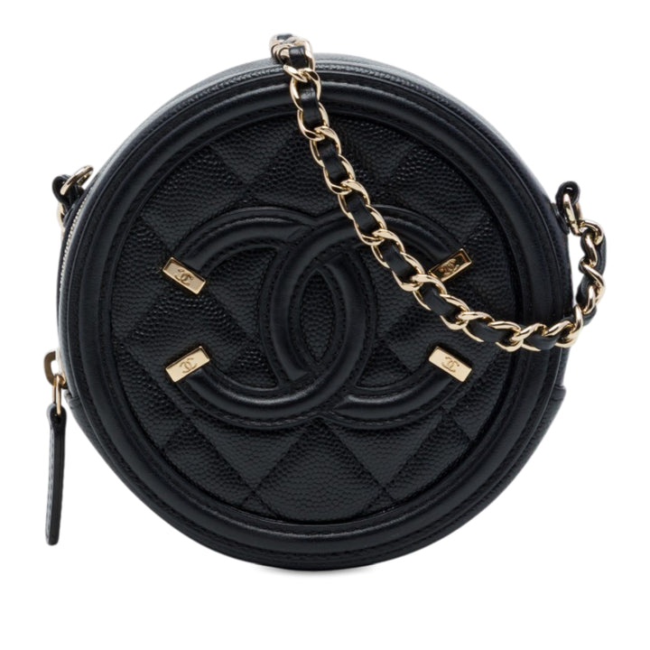 Chanel CC Filigree Rond Pochette avec chaîne Cuir caviar Noir