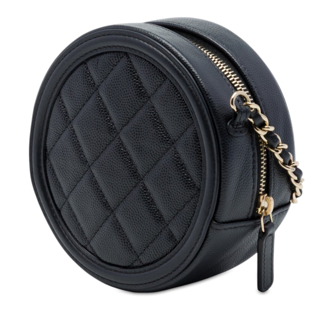 Chanel CC Filigree Rond Pochette avec chaîne Cuir caviar Noir