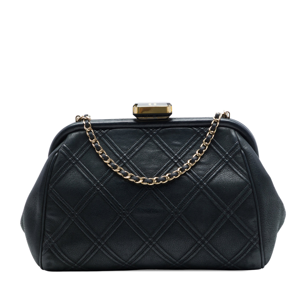 Chanel CC Matelassé Double Stitch Kiss Lock Pochette avec chaîne Cuir d'agneau
