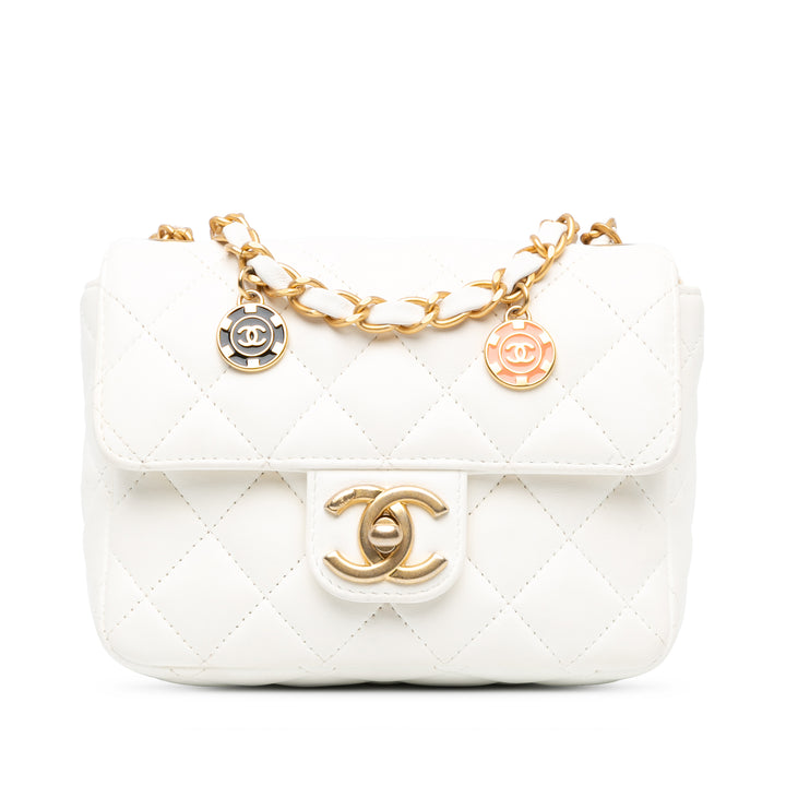 Chanel Mini Square Classic Lambskin Casino Royale Charms Single Flap White - GABY PARIS