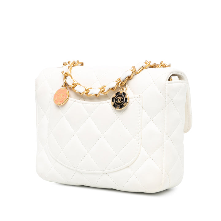 Chanel Mini Square Classic Lambskin Casino Royale Charms Single Flap White - GABY PARIS