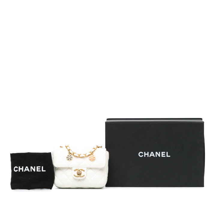 Chanel Mini Square Classic Lambskin Casino Royale Charms Single Flap White - GABY PARIS