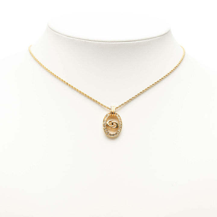 Dior plaqué Strass CD Logo Oval Pendant Collier