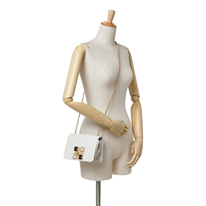 Small CC Quilted Calfskin Crystal Pearl Full Flap White - Gaby Paris