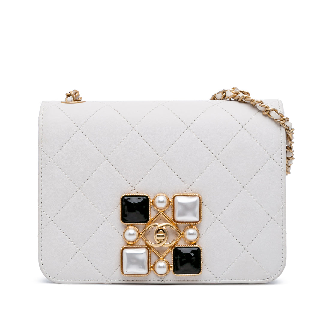 Small CC Quilted Calfskin Crystal Pearl Full Flap White - Gaby Paris