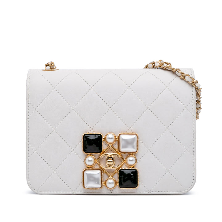 Small CC Quilted Calfskin Crystal Pearl Full Flap White - Gaby Paris