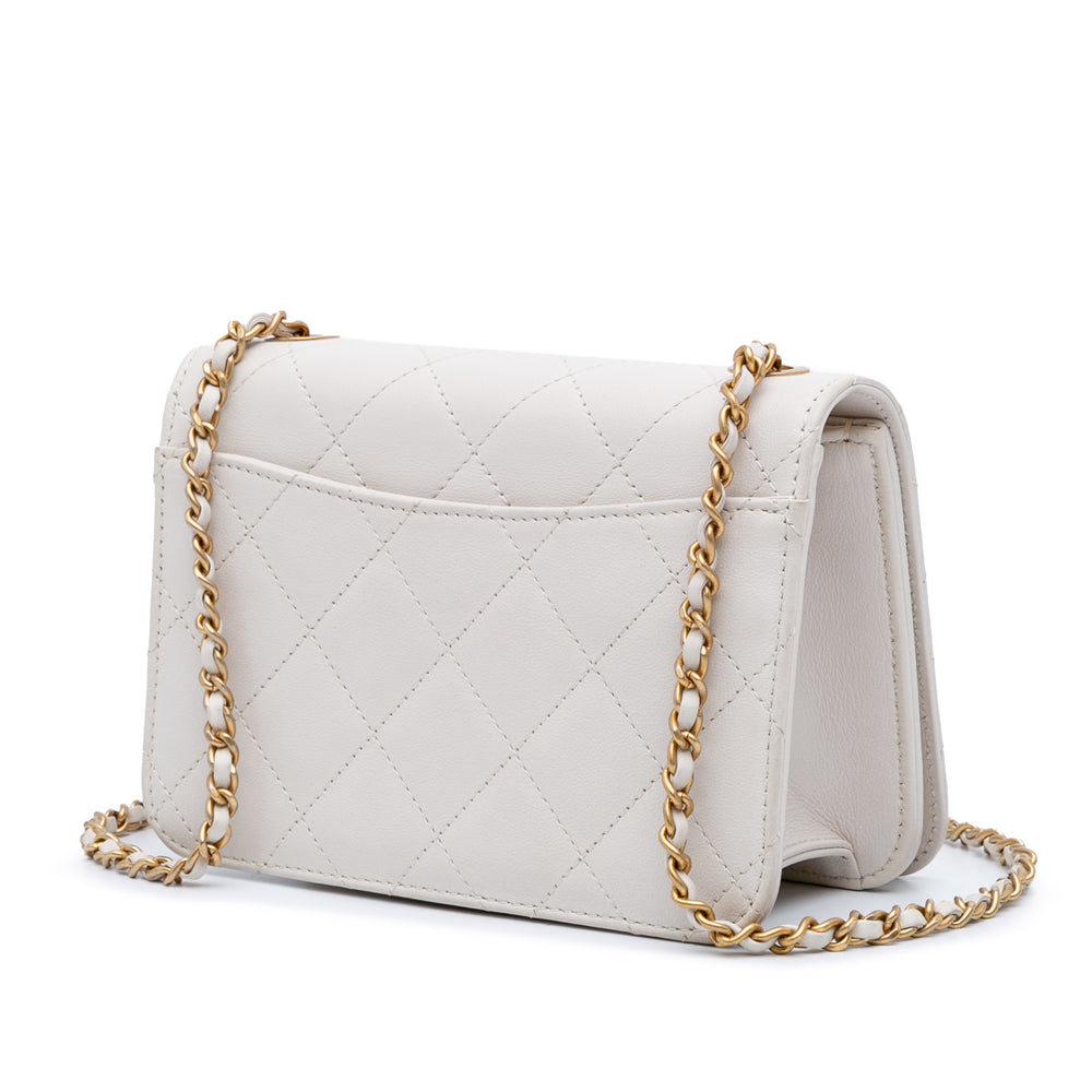 Small CC Quilted Calfskin Crystal Pearl Full Flap White - Gaby Paris