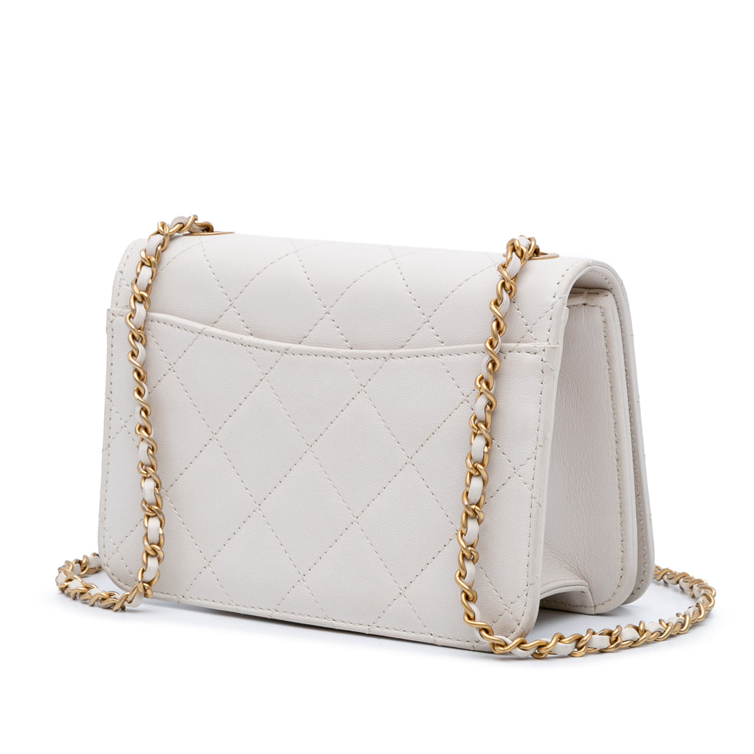 Small CC Quilted Calfskin Crystal Pearl Full Flap White - Gaby Paris