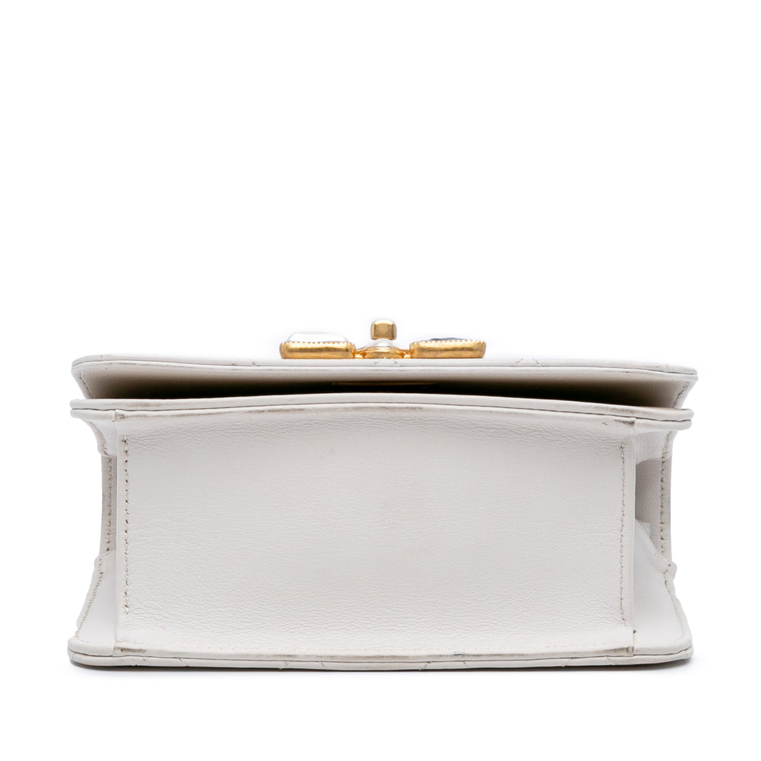 Small CC Quilted Calfskin Crystal Pearl Full Flap White - Gaby Paris