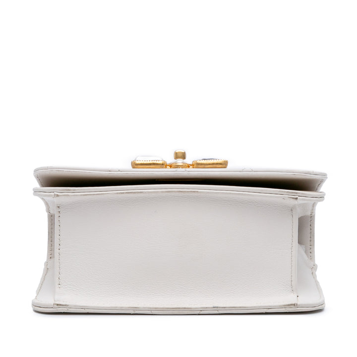 Small CC Quilted Calfskin Crystal Pearl Full Flap White - Gaby Paris