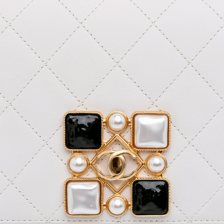 Small CC Quilted Calfskin Crystal Pearl Full Flap White - Gaby Paris