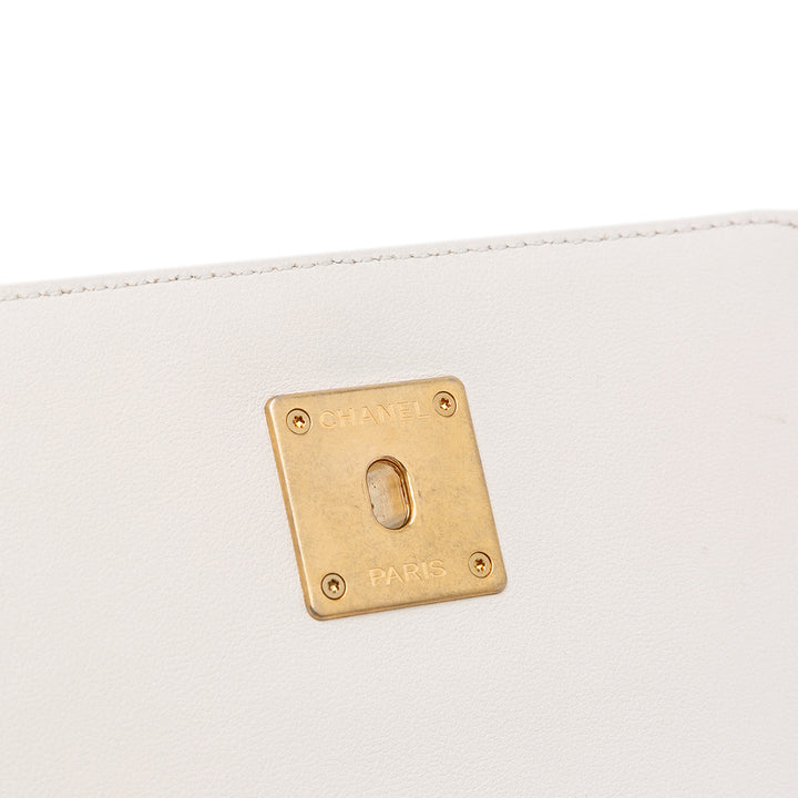 Small CC Quilted Calfskin Crystal Pearl Full Flap White - Gaby Paris