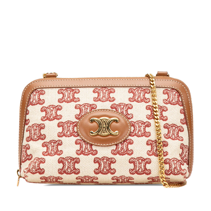 Triomphe Embroidered Canvas Clutch On Chain Brown - Gaby Paris