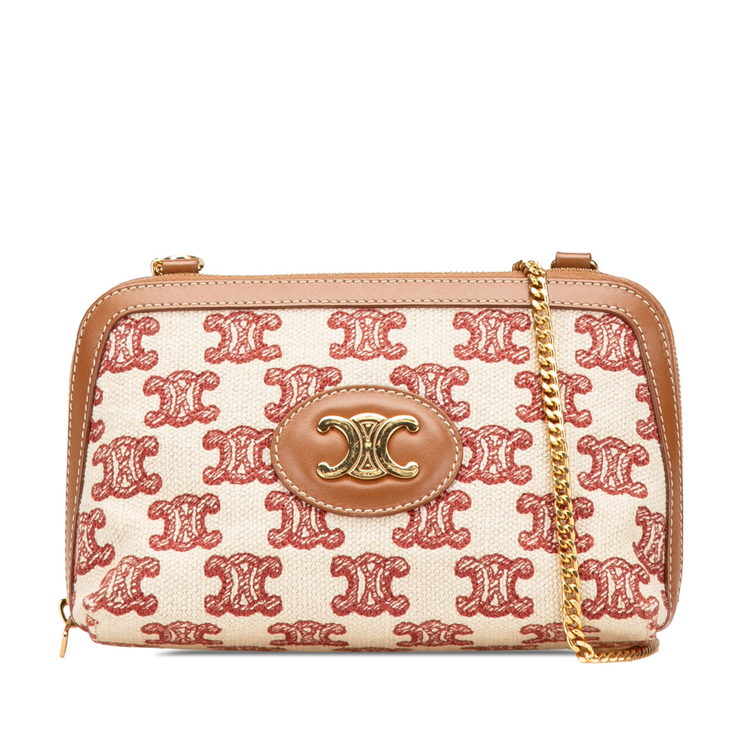 Triomphe Embroidered Canvas Clutch On Chain Brown - Gaby Paris