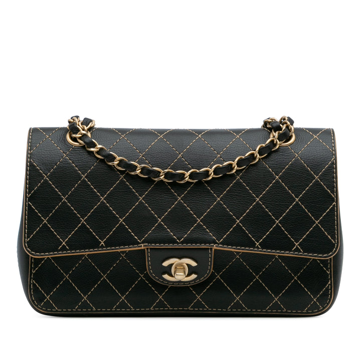 Chanel Medium Classic Cuir de veau Wild Stitch Double rabat Noir
