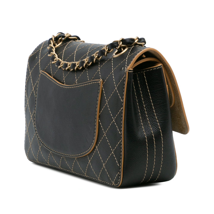 Chanel Medium Classic Cuir de veau Wild Stitch Double rabat Noir