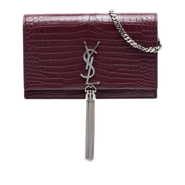 Saint Laurent Croc embossé Cuir Monogram Kate Pompon Wallet on Chain