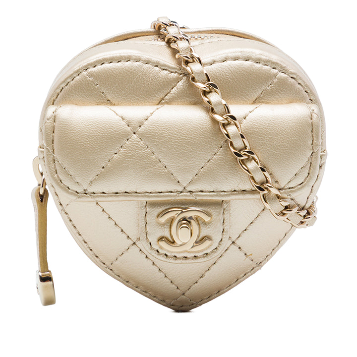 Chanel Matelassé Métallisé CC In Love Heart Sac Mini Cuir d'agneau Doré – vue principale – GABY PARIS