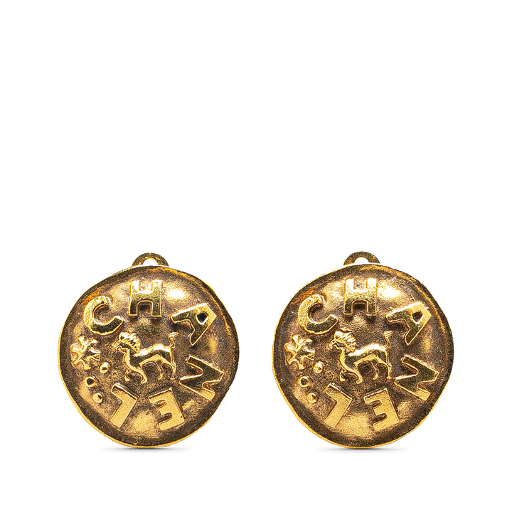 Gold Plated Logo and Lion Clip On Earrings Gold - Gaby Paris