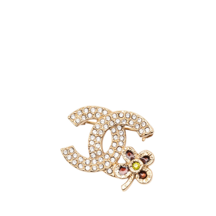 Chanel CC plaqué Strass Clover Leaf Pin Broche