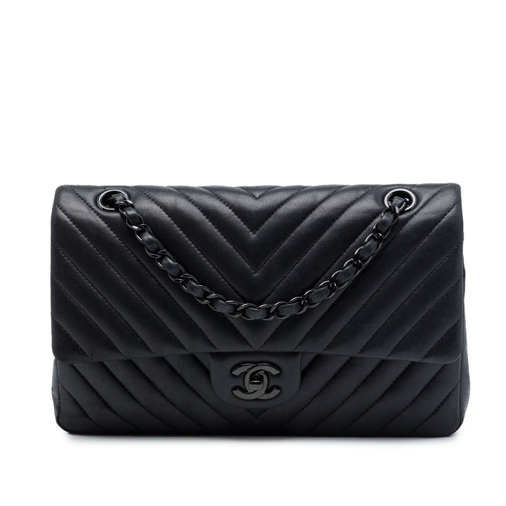 Chanel Classic Chevron So Double rabat Moyen Cuir d'agneau Noir