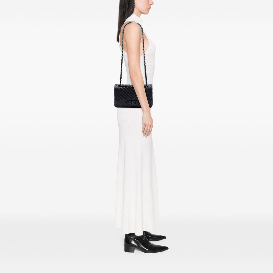 Chanel Classic Chevron So Double rabat Moyen Cuir d'agneau Noir