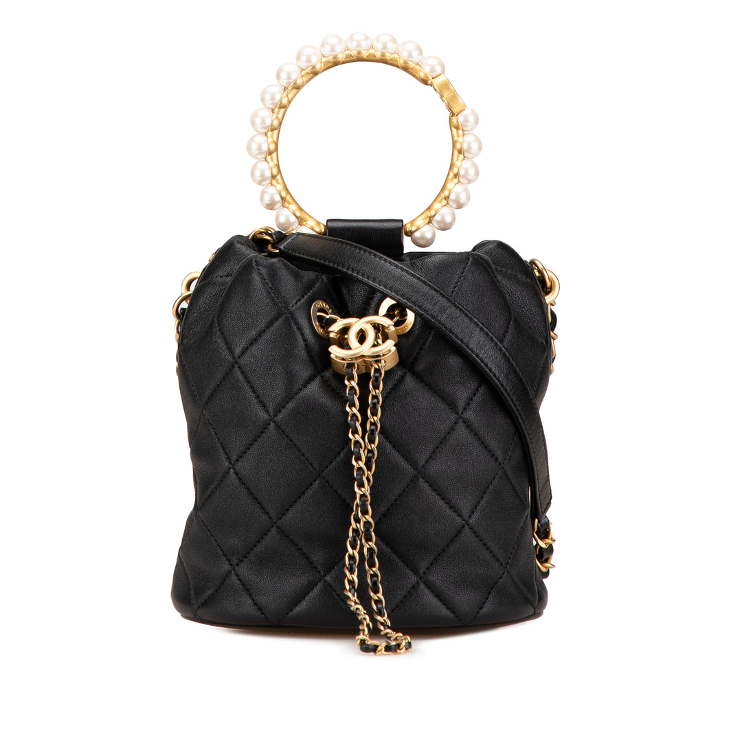 Quilted Lambskin Pearl Crown Drawstring Bucket Bag Black - Gaby Paris