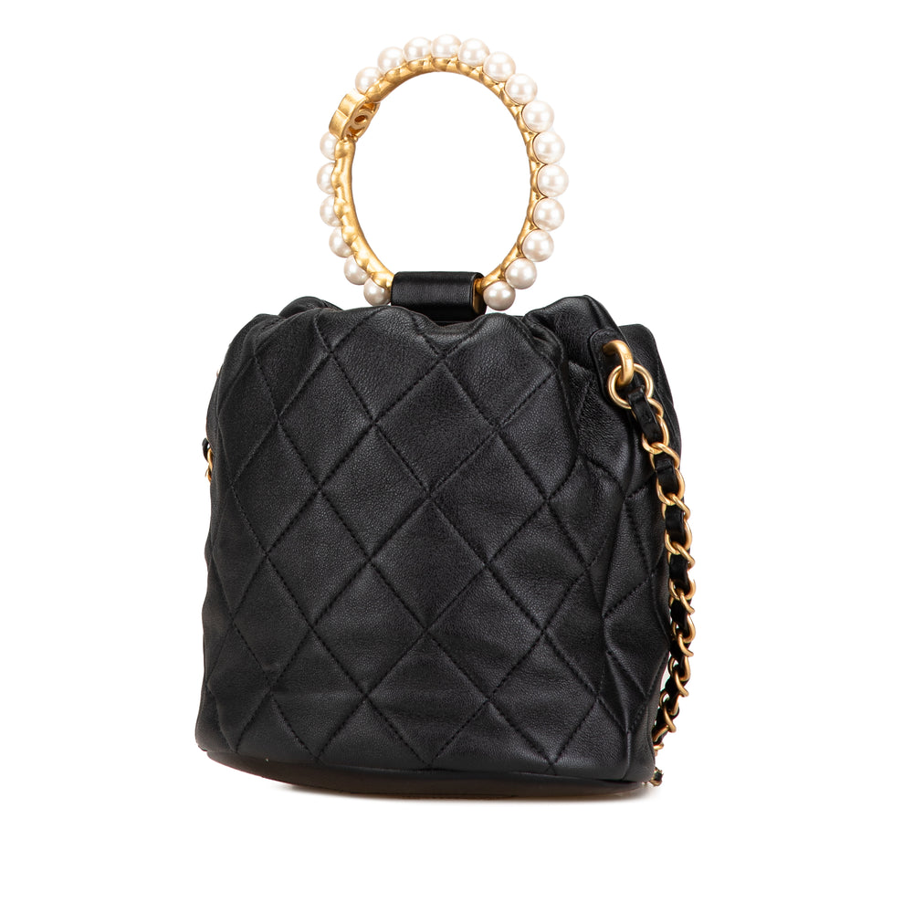 Quilted Lambskin Pearl Crown Drawstring Bucket Bag Black - Gaby Paris