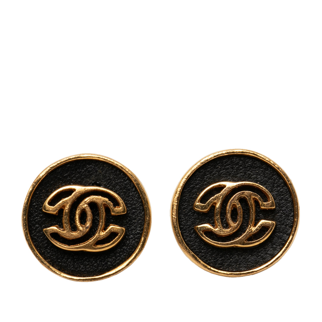 Chanel CC plaqué et Cuir Rond Bullet Back Boucles d’oreilles
