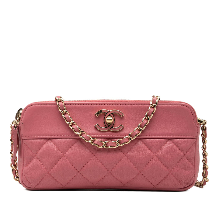 Matelassé Mademoiselle Vintage Double Zippé Pochette avec chaîne Cuir d'agneau Rose
