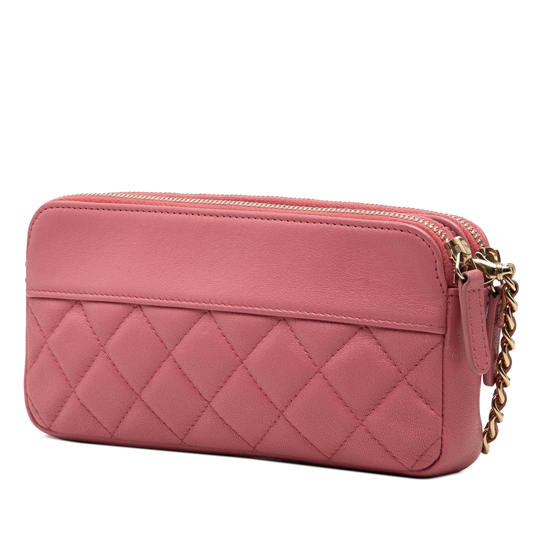 Matelassé Mademoiselle Vintage Double Zippé Pochette avec chaîne Cuir d'agneau Rose