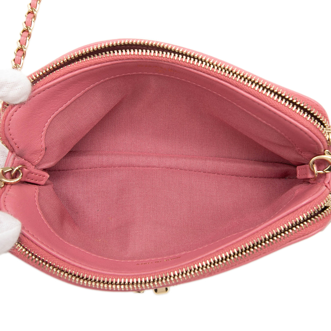 Matelassé Mademoiselle Vintage Double Zippé Pochette avec chaîne Cuir d'agneau Rose
