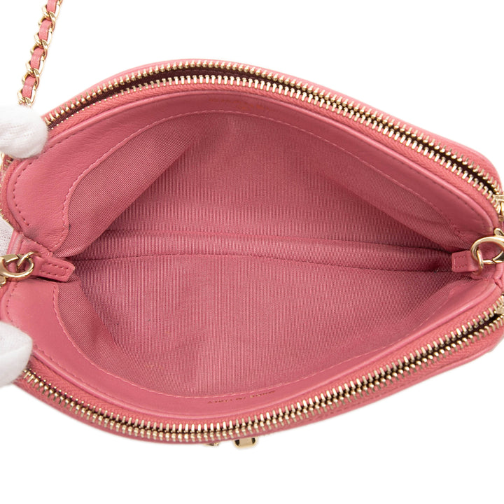 Matelassé Mademoiselle Vintage Double Zippé Pochette avec chaîne Cuir d'agneau Rose