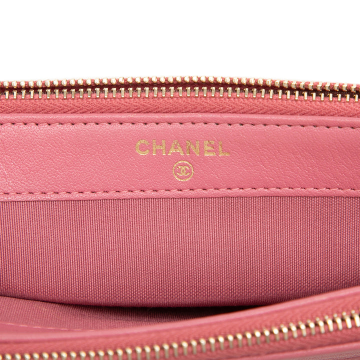 Matelassé Mademoiselle Vintage Double Zippé Pochette avec chaîne Cuir d'agneau Rose