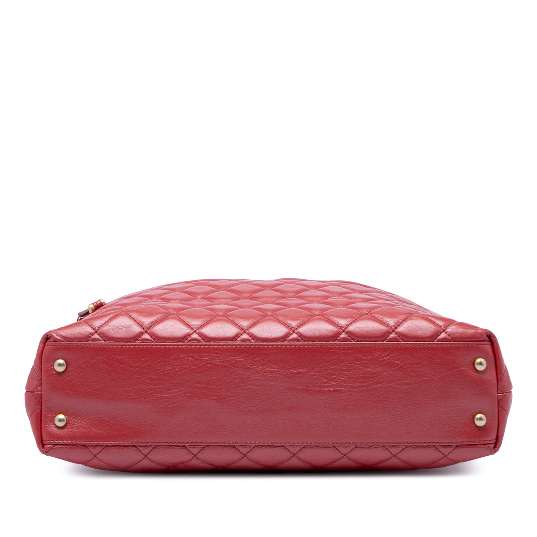 CC Matelassé Front Zippé Cordon Cabas chaîne Cuir de veau Rouge