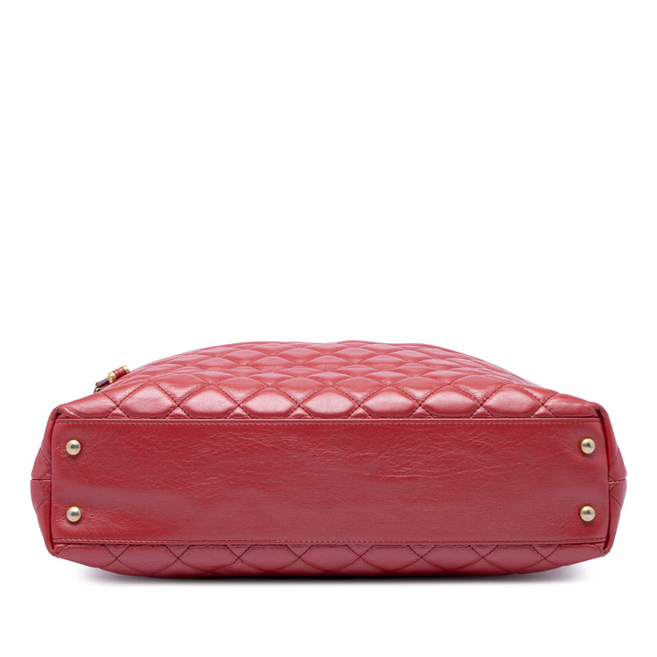 CC Matelassé Front Zippé Cordon Cabas chaîne Cuir de veau Rouge