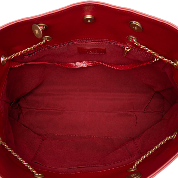 CC Matelassé Front Zippé Cordon Cabas chaîne Cuir de veau Rouge