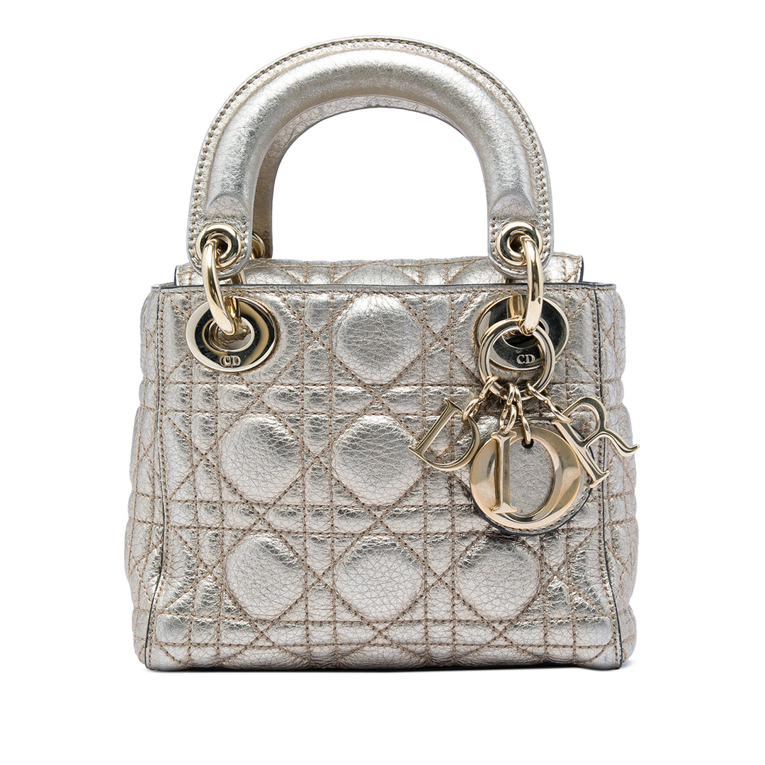 Dior Sac à main Lady Dior Métallisé froissé Cannage Mini Cuir d'agneau Argenté – vue principale – GABY PARIS