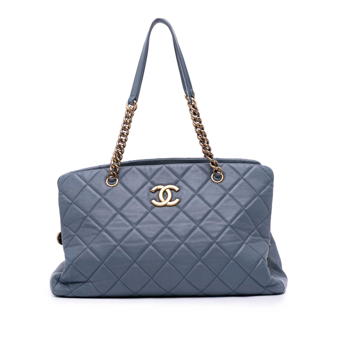 Large Quilted Calfskin CC Crown Tote Blue - Gaby Paris