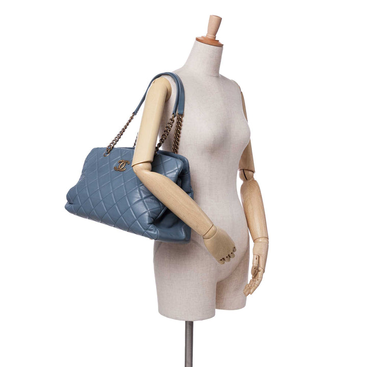 Large Quilted Calfskin CC Crown Tote Blue - Gaby Paris