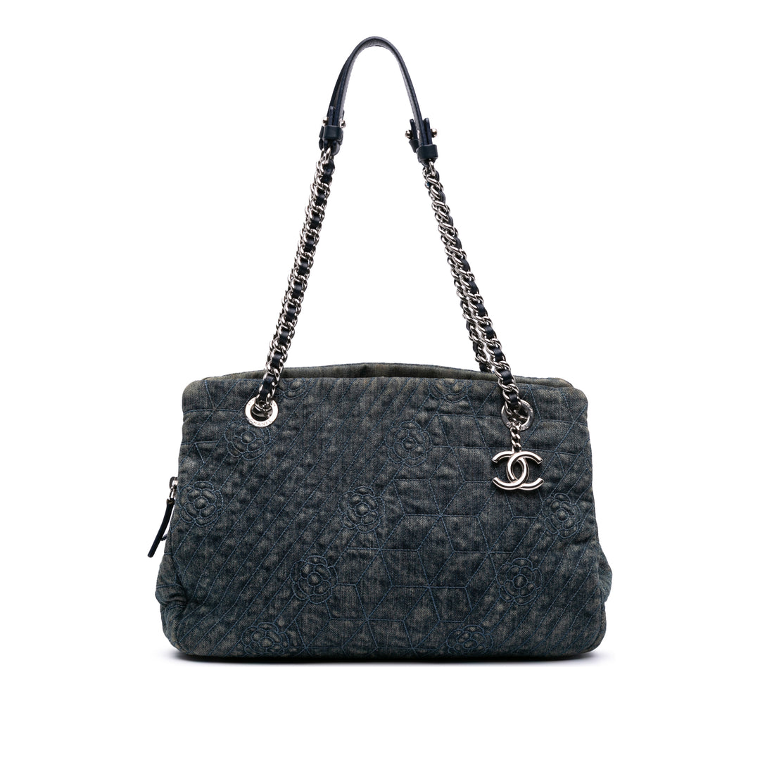 Denim Camellia Embroidered Shopping Tote Blue - Gaby Paris