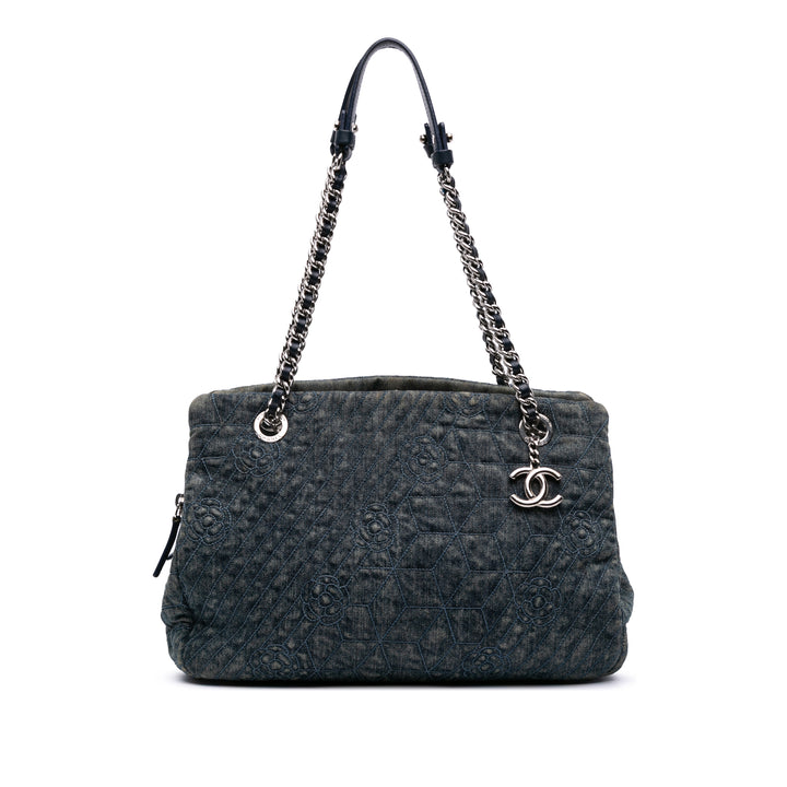 Denim Camellia Embroidered Shopping Tote Blue - Gaby Paris