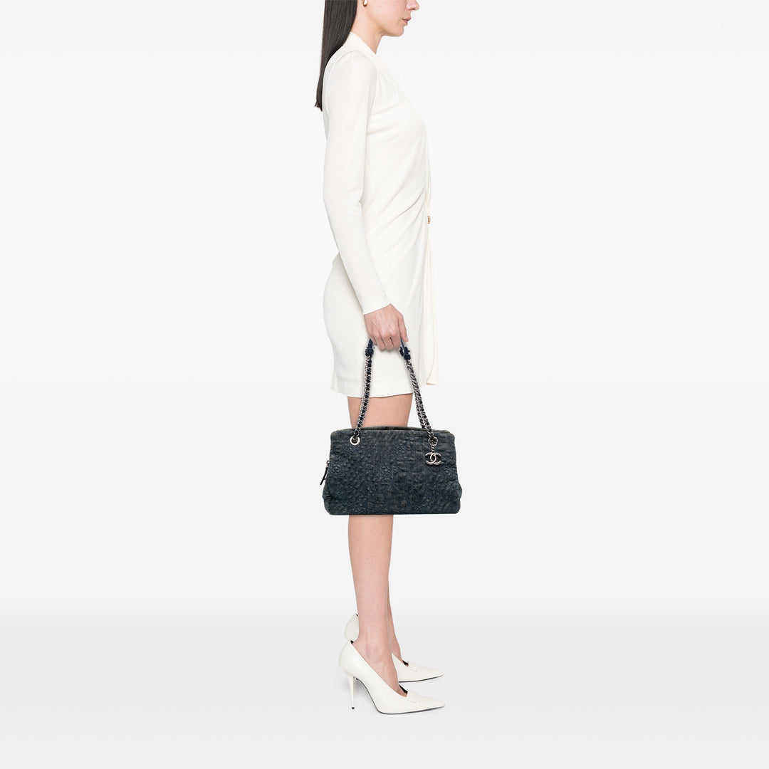 Denim Camellia Embroidered Shopping Tote Blue - Gaby Paris